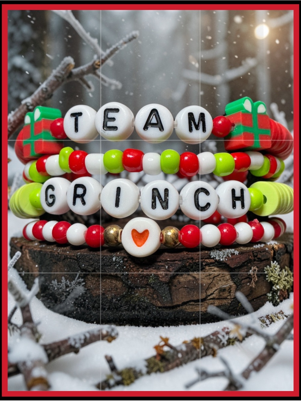 4 piece - Team Grinch Holiday Beaded Bracelet Stack - New Handmade